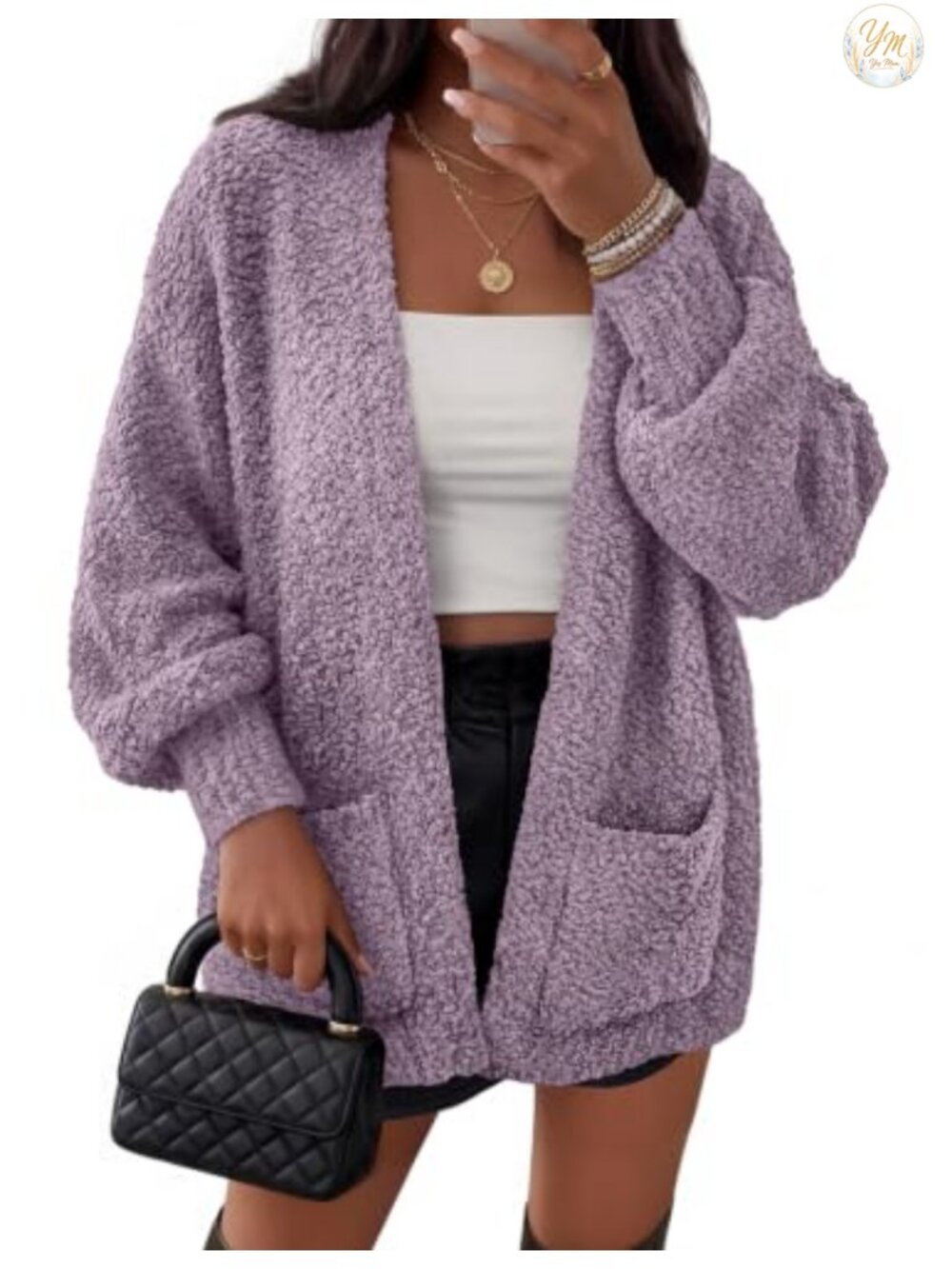 Oversized Popcorn Knit Cardigan Sweater with Pockets Fleece Fuzzy Warm